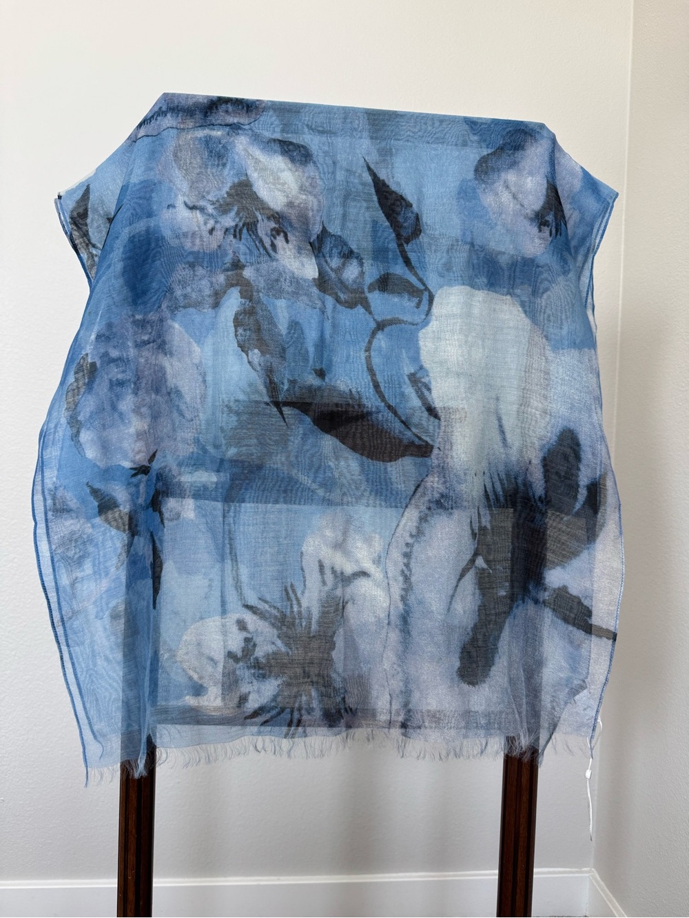 Badgley Mischka Blue Floral Modal Silk Scarf Wrap Shawl Lightweight Large Sheer
